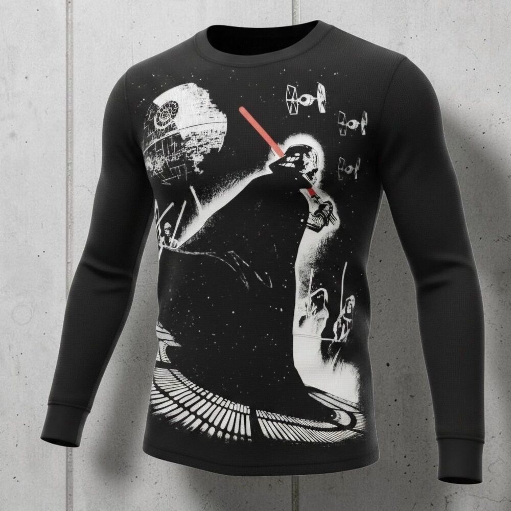 Star Wars Darth Vader Death Star Shirt Mens Medium Black Thermal Waffle Knit